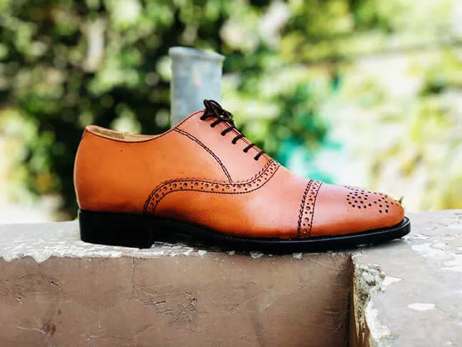 Handmade Men's Tan Cap Toe Brogue Leather Lace Up Shoes, Men Designer Dress Formal Luxury Shoes