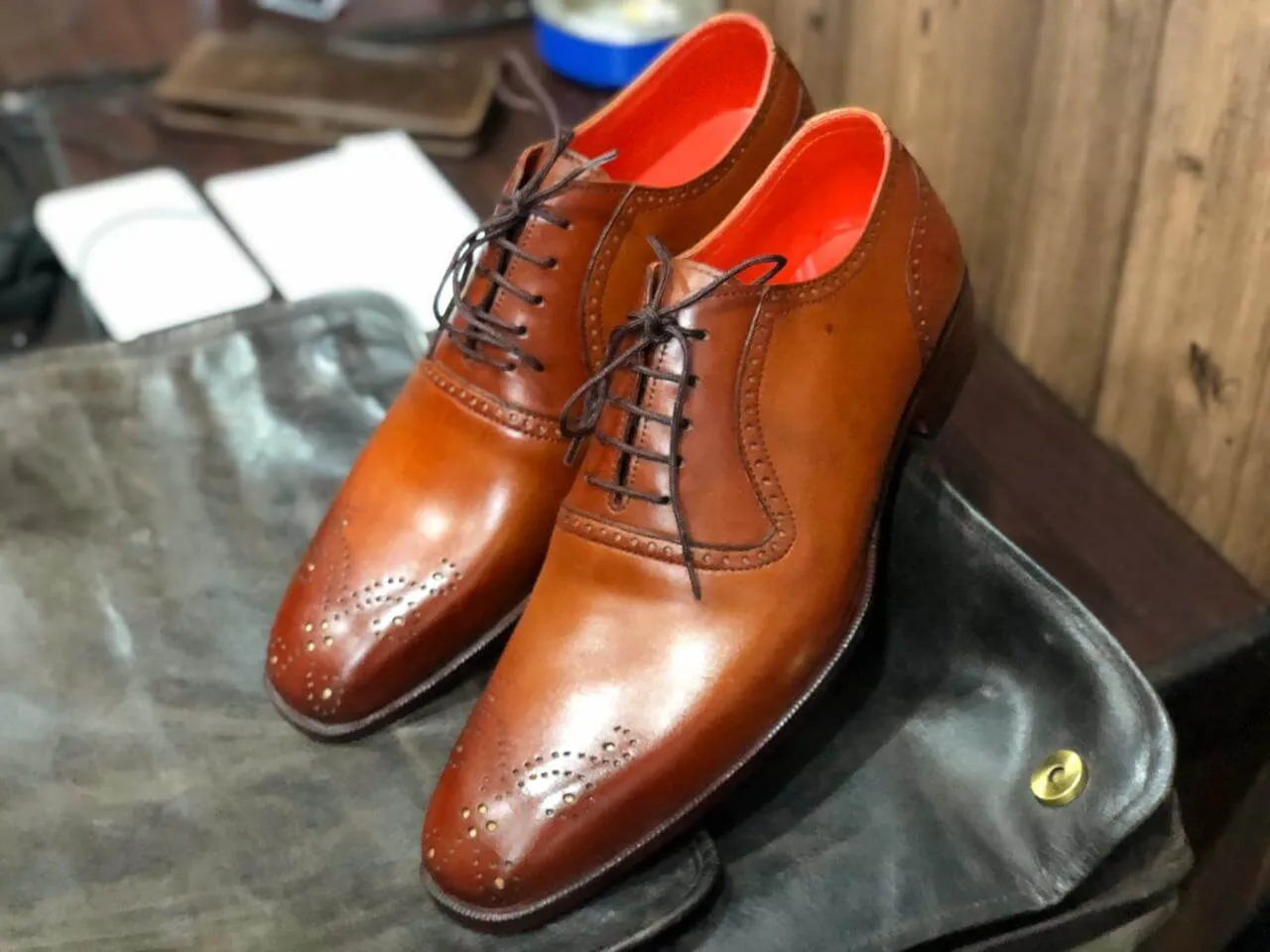 Handmade Men's Tan Leather Wing Tip Brogue Shoes, Men Formal Designer Shoes