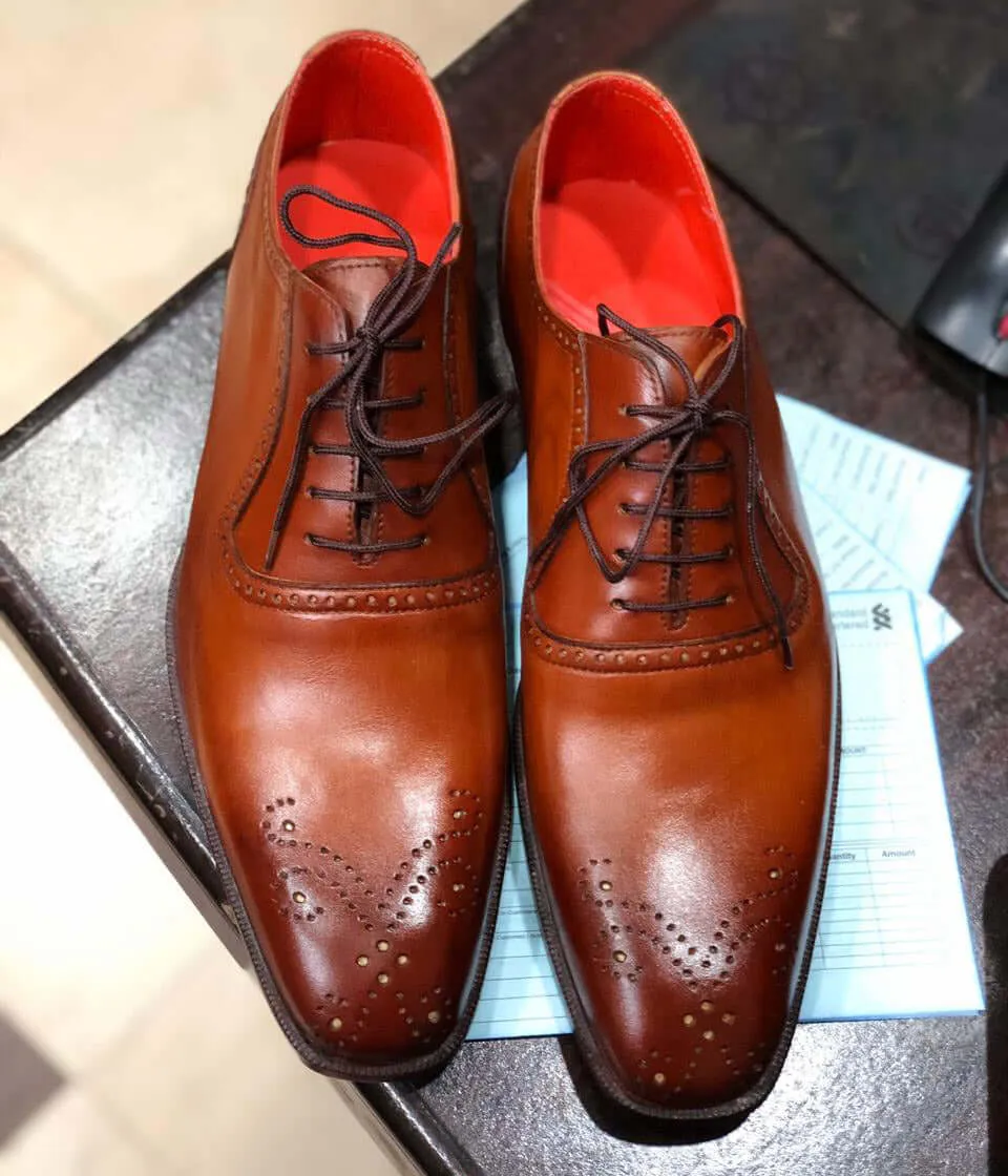 Handmade Men's Tan Leather Wing Tip Brogue Shoes, Men Formal Designer Shoes