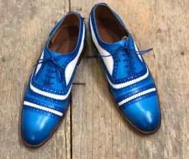 Handmade Men's White Blue Cap Toe Leather Lace Up Shoes, Men Designer Dress Formal Shoes