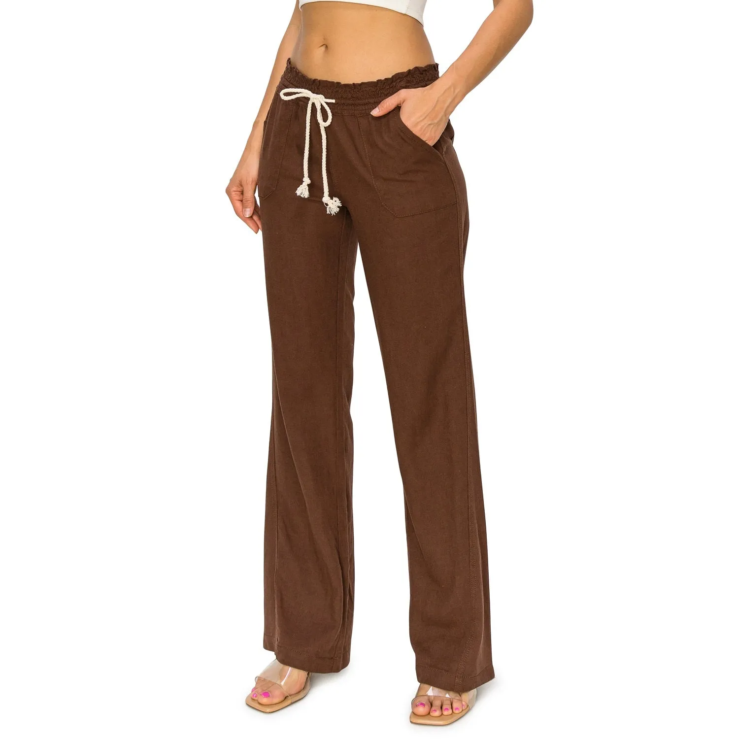 Linen Pants 32" Inseam Drawstring Smocked Waist Beach Pants - Dark Brown