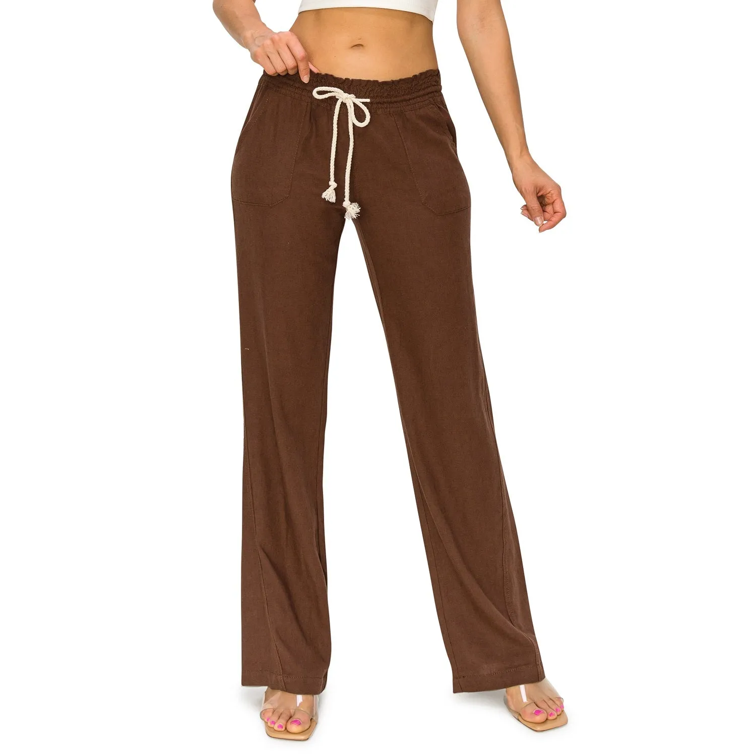 Linen Pants 32" Inseam Drawstring Smocked Waist Beach Pants - Dark Brown