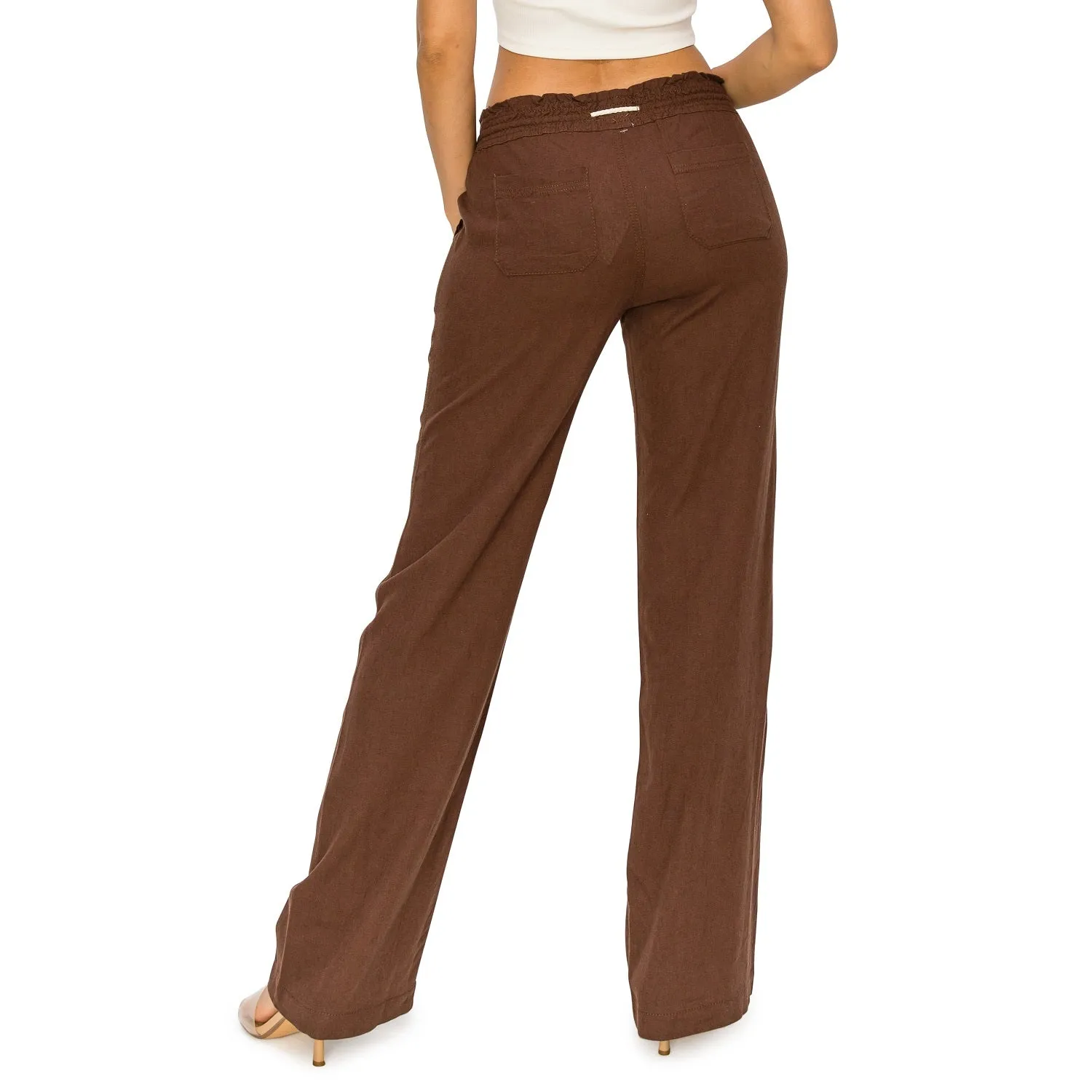 Linen Pants 32" Inseam Drawstring Smocked Waist Beach Pants - Dark Brown