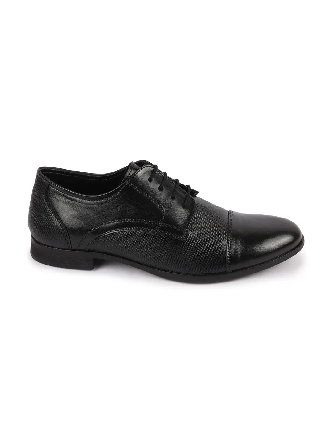 Men Black Formal Office Textured Design Cap Toe Genuine Leather Lace Up Shoes