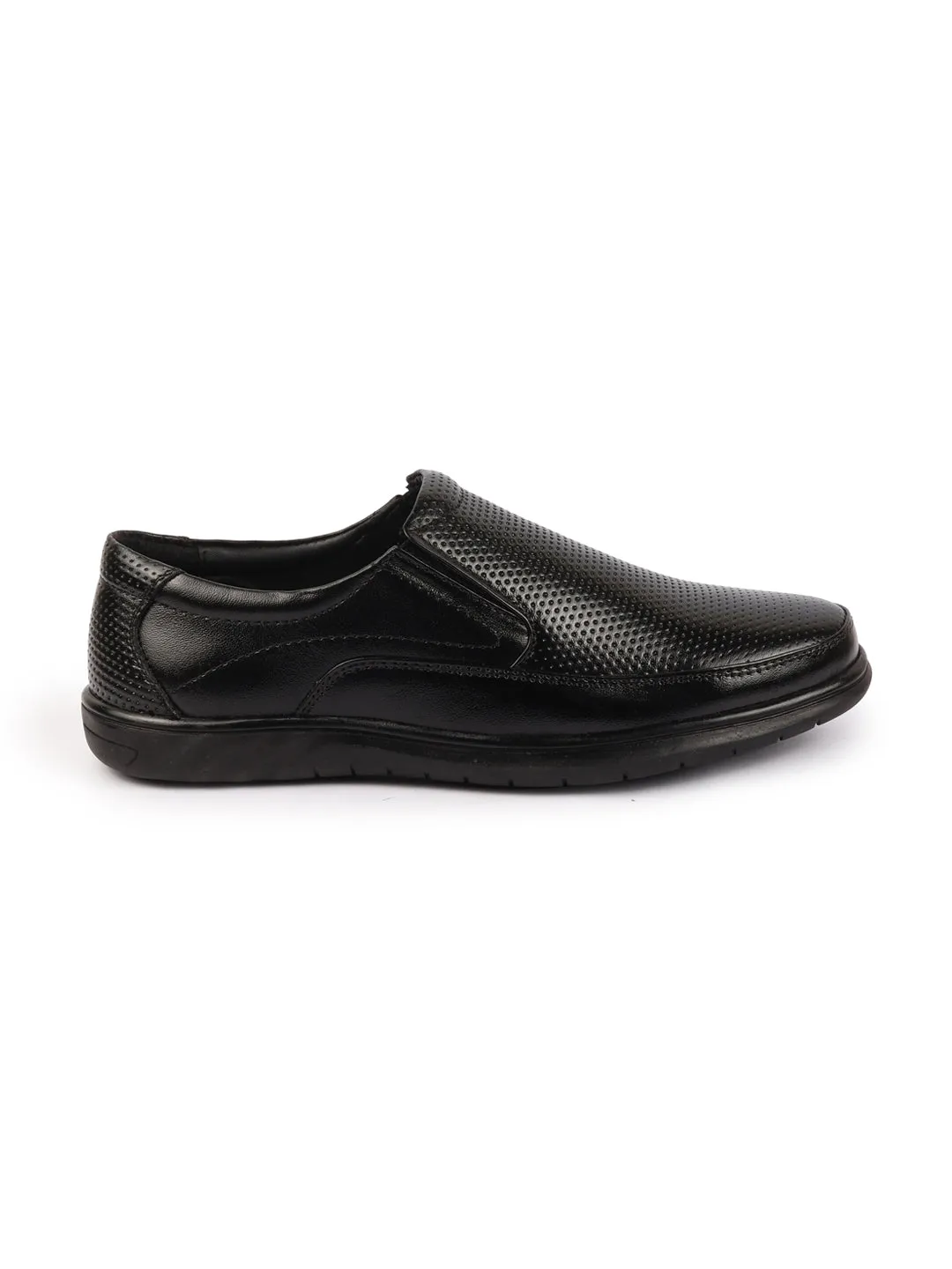 Men Black Genuine Leather Textured Formal Slip On Flat Heel Shoes For Office|Work|Broad Feet Formal Shoes