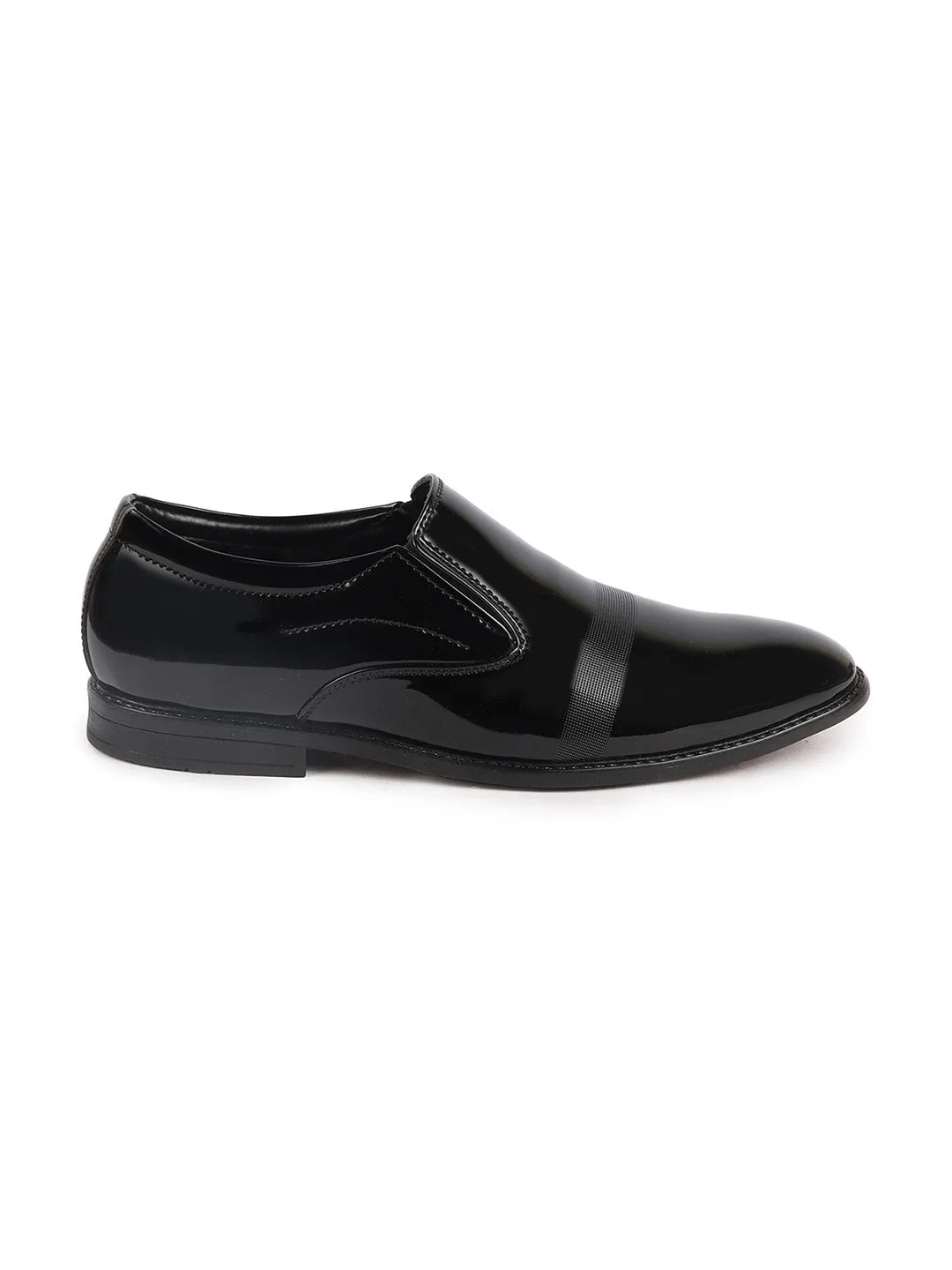 Men Black Patent Leather Party Formal Textured Strip Slip On Shoes