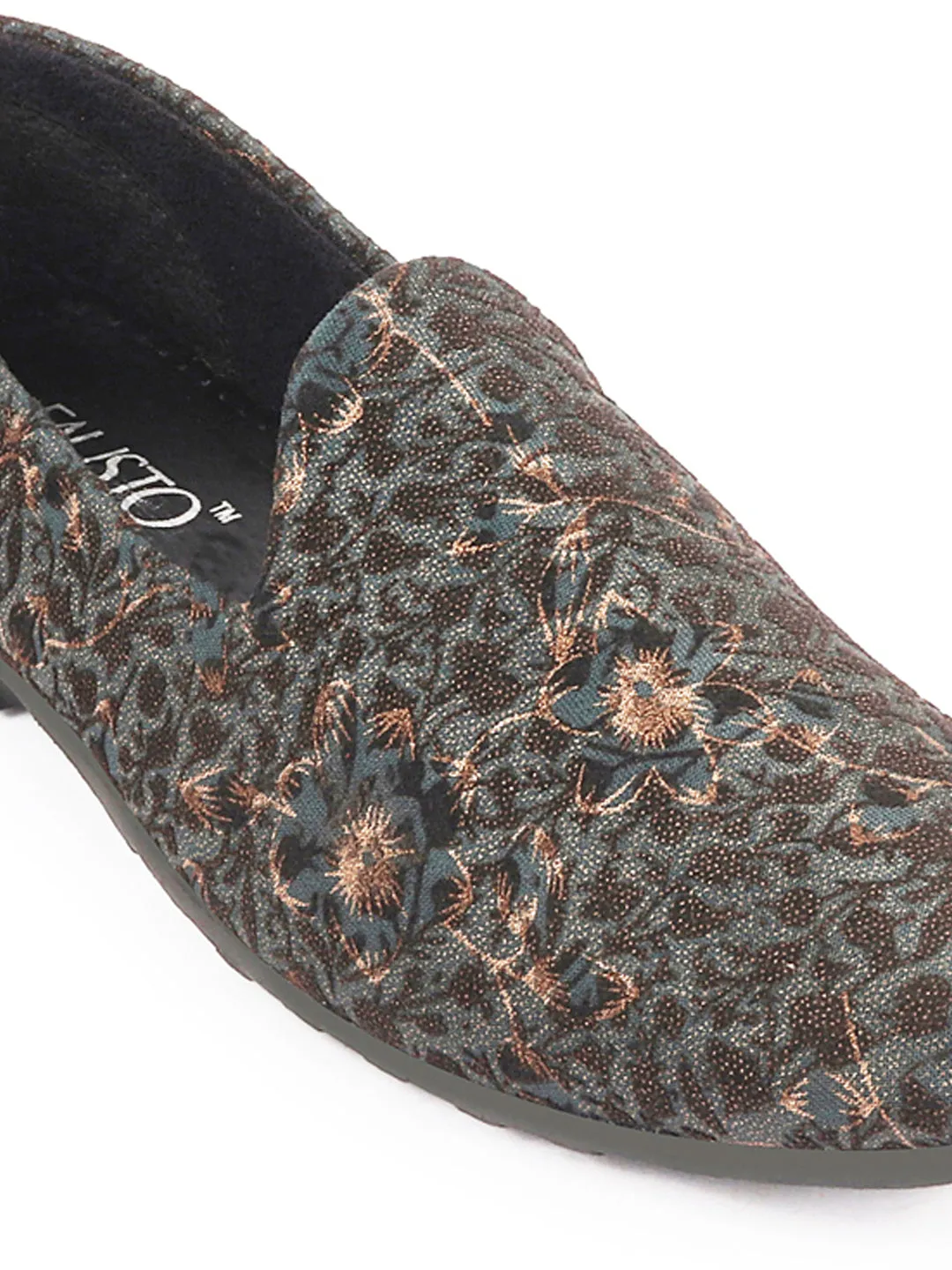 Men Brown Floral Print Embellish Design Ethnic Wedding Party Pom Slip on Shoes