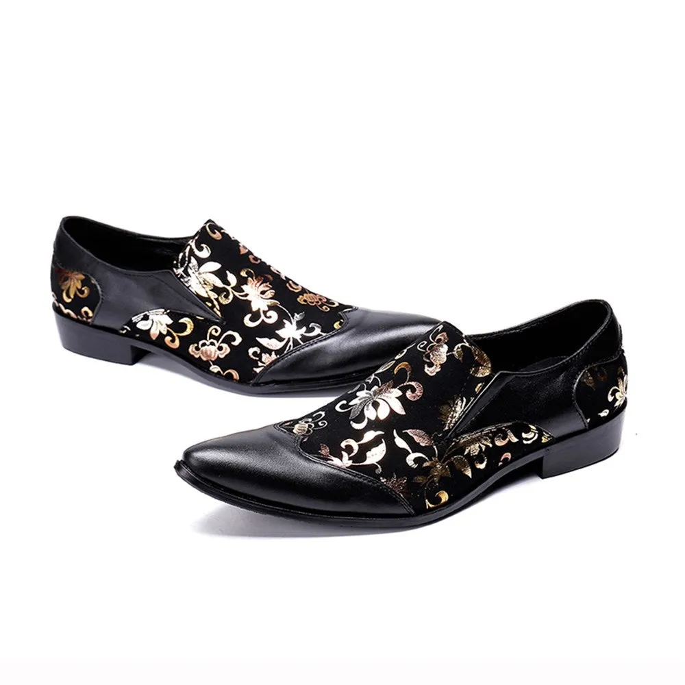 Men Pointed Printed Black Slip On Oxford Shoes