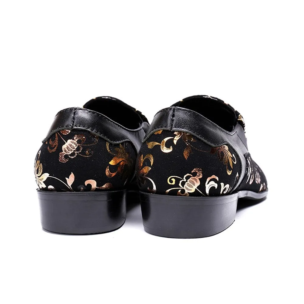 Men Pointed Printed Black Slip On Oxford Shoes