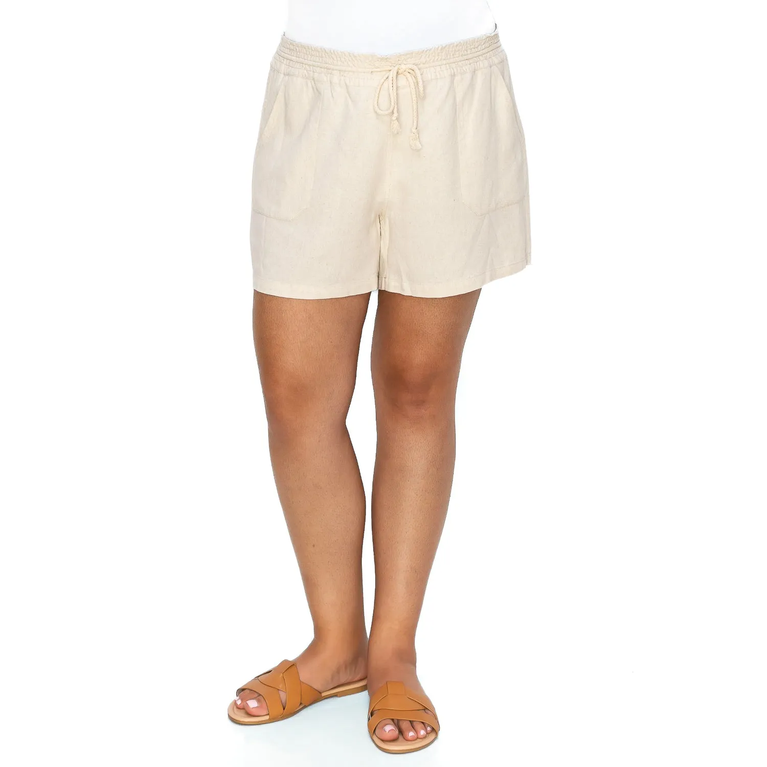 [Plus Size] Drawstring Linen Shorts - Oatmeal