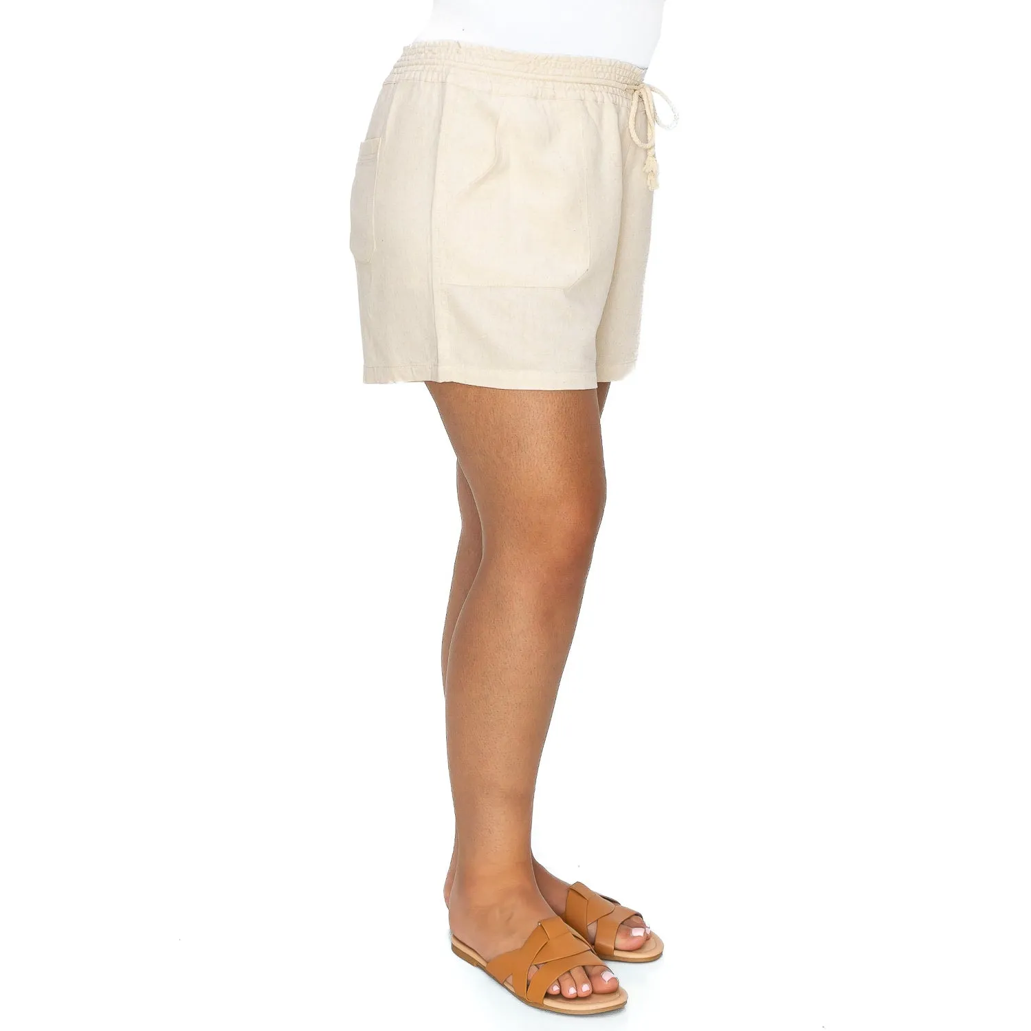 [Plus Size] Drawstring Linen Shorts - Oatmeal