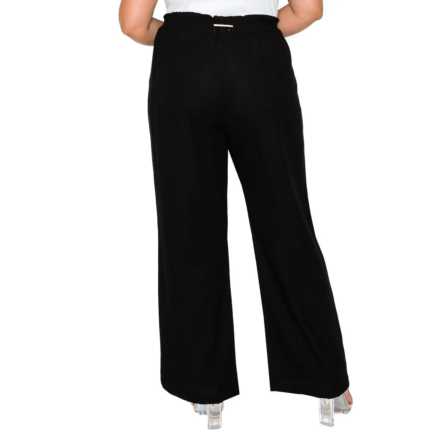 [Plus Size] Linen Pants 32" Inseam Drawstring Smocked Waist Beach Pants - Black