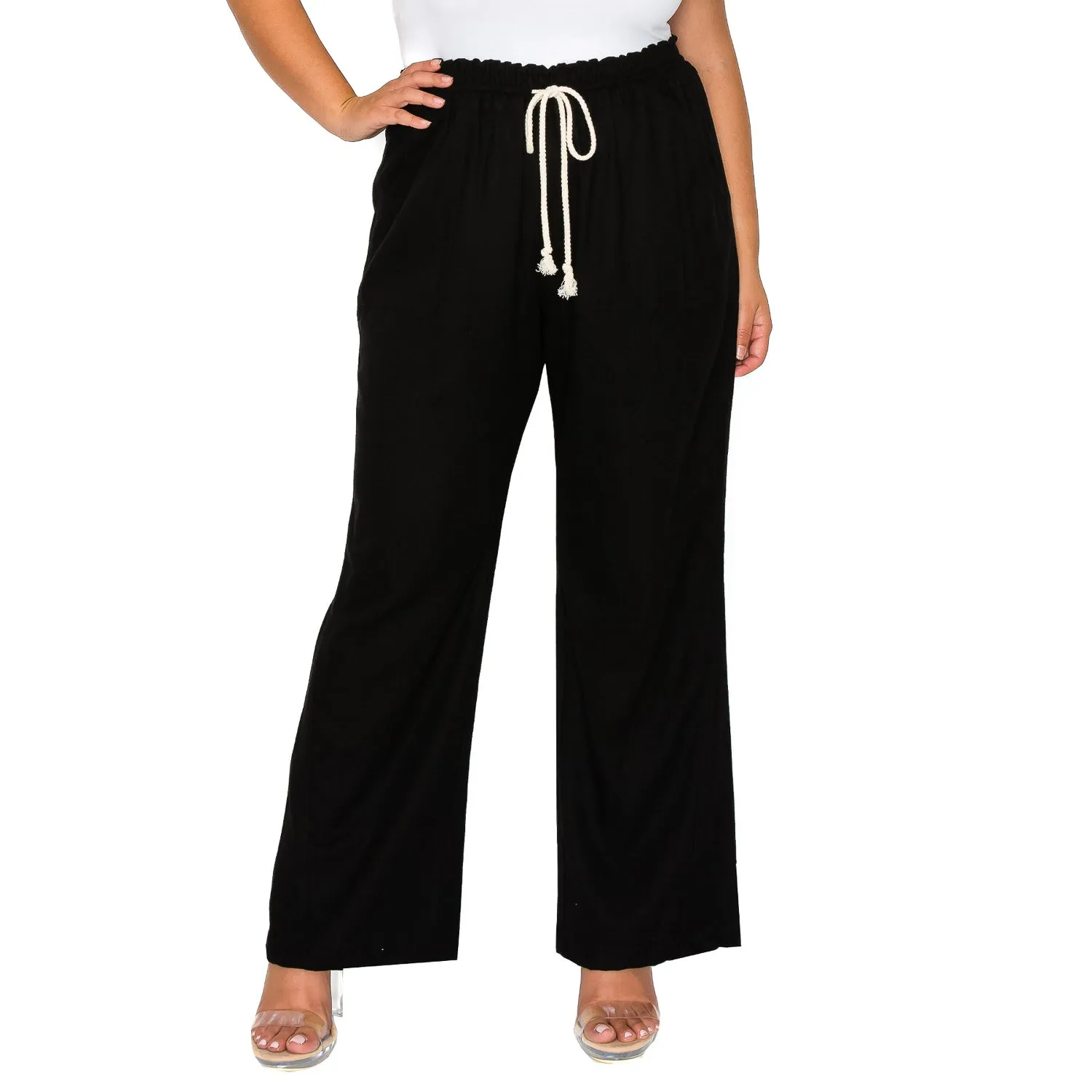 [Plus Size] Linen Pants 32" Inseam Drawstring Smocked Waist Beach Pants - Black