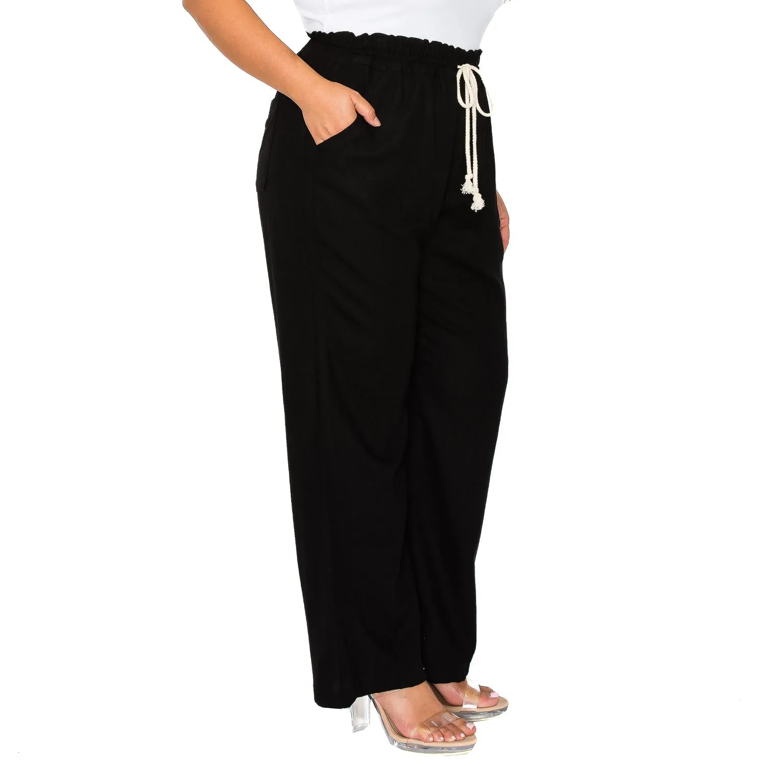 [Plus Size] Linen Pants 32" Inseam Drawstring Smocked Waist Beach Pants - Black