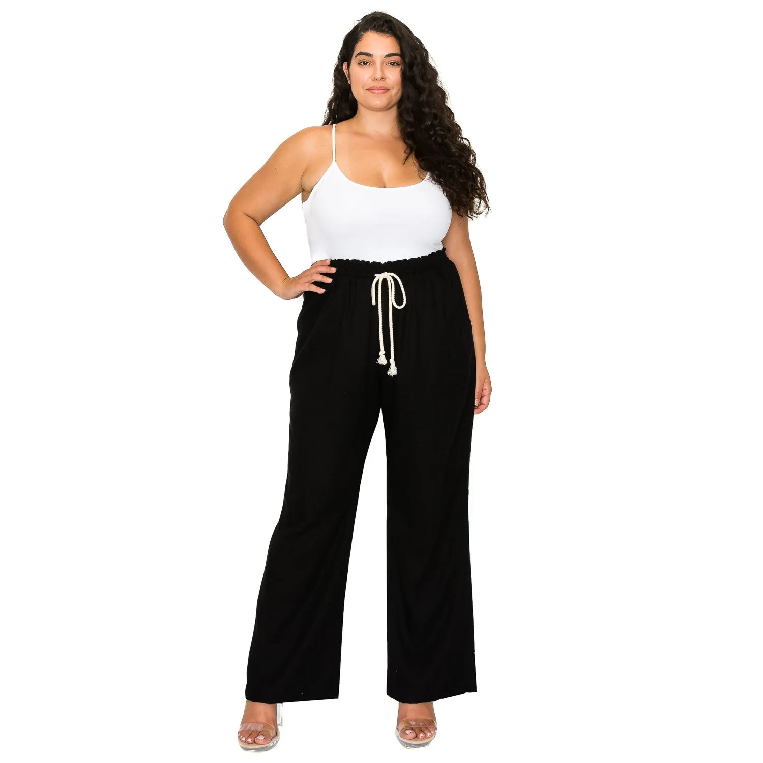 [Plus Size] Linen Pants 32" Inseam Drawstring Smocked Waist Beach Pants - Black