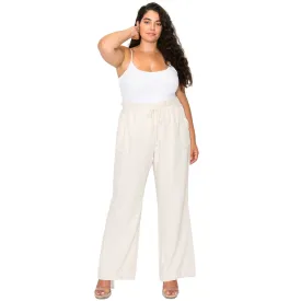 [Plus Size] Linen Pants 32" Inseam Drawstring Smocked Waist Beach Pants - Oatmeal