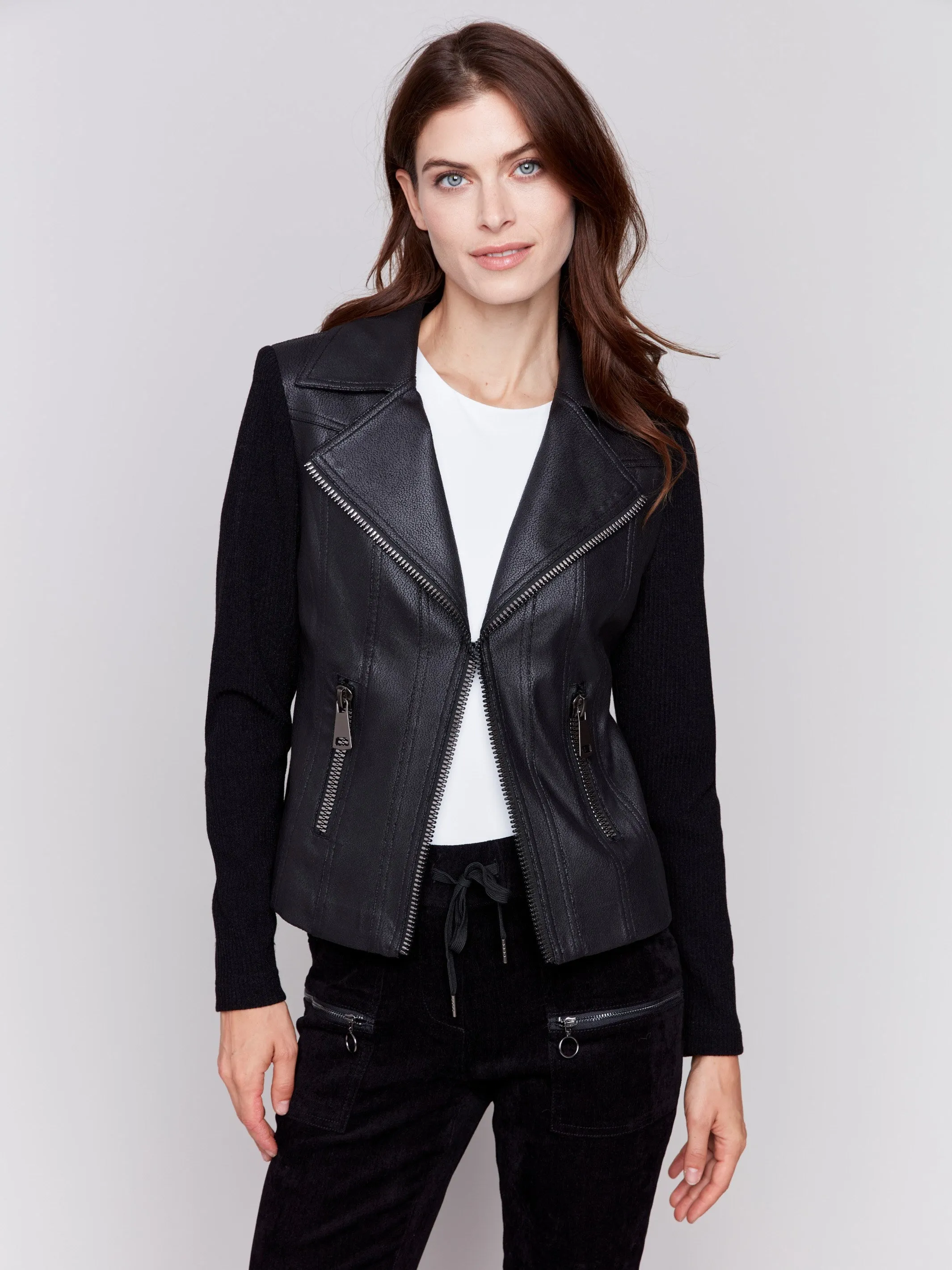 Vintage Faux Leather and Rib Knit Jacket - Black